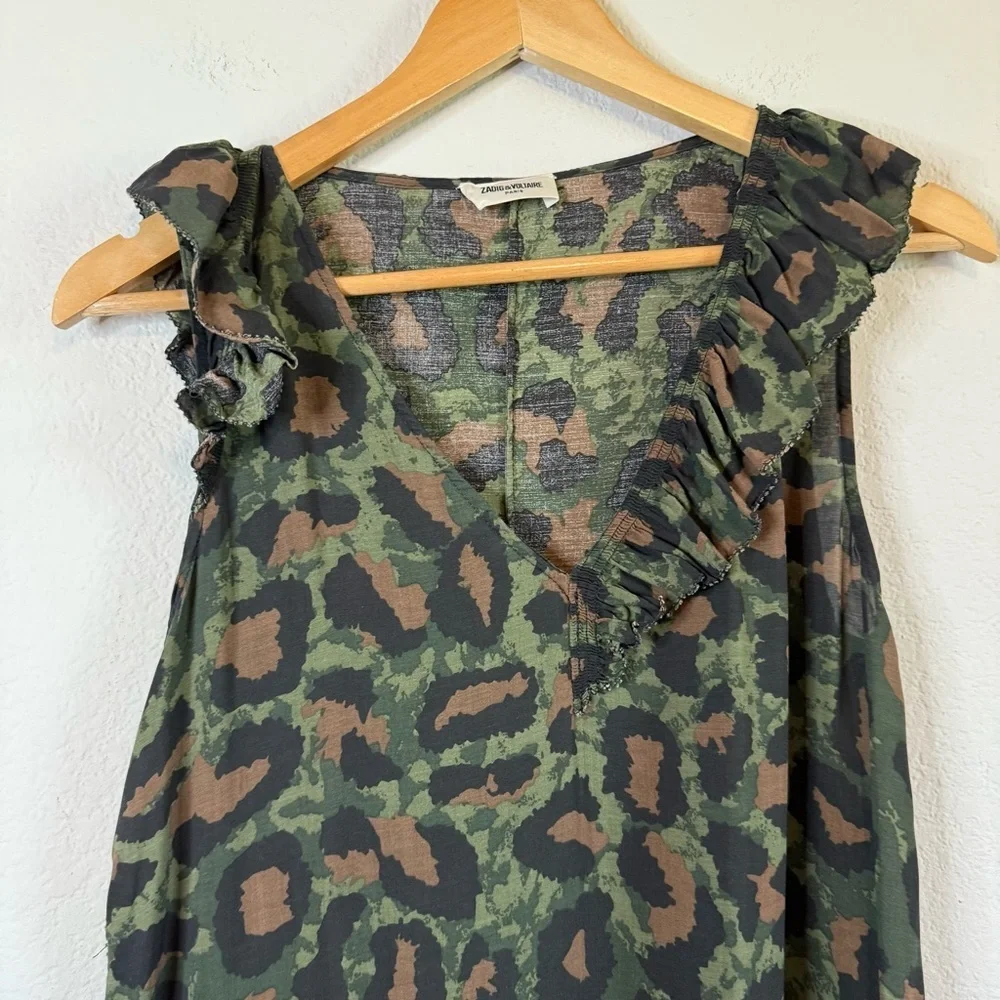 Zadig & Voltaire Green Black Rebelle Leo Midi Dress V Neck Leopard Size Small - Picture 3 of 13